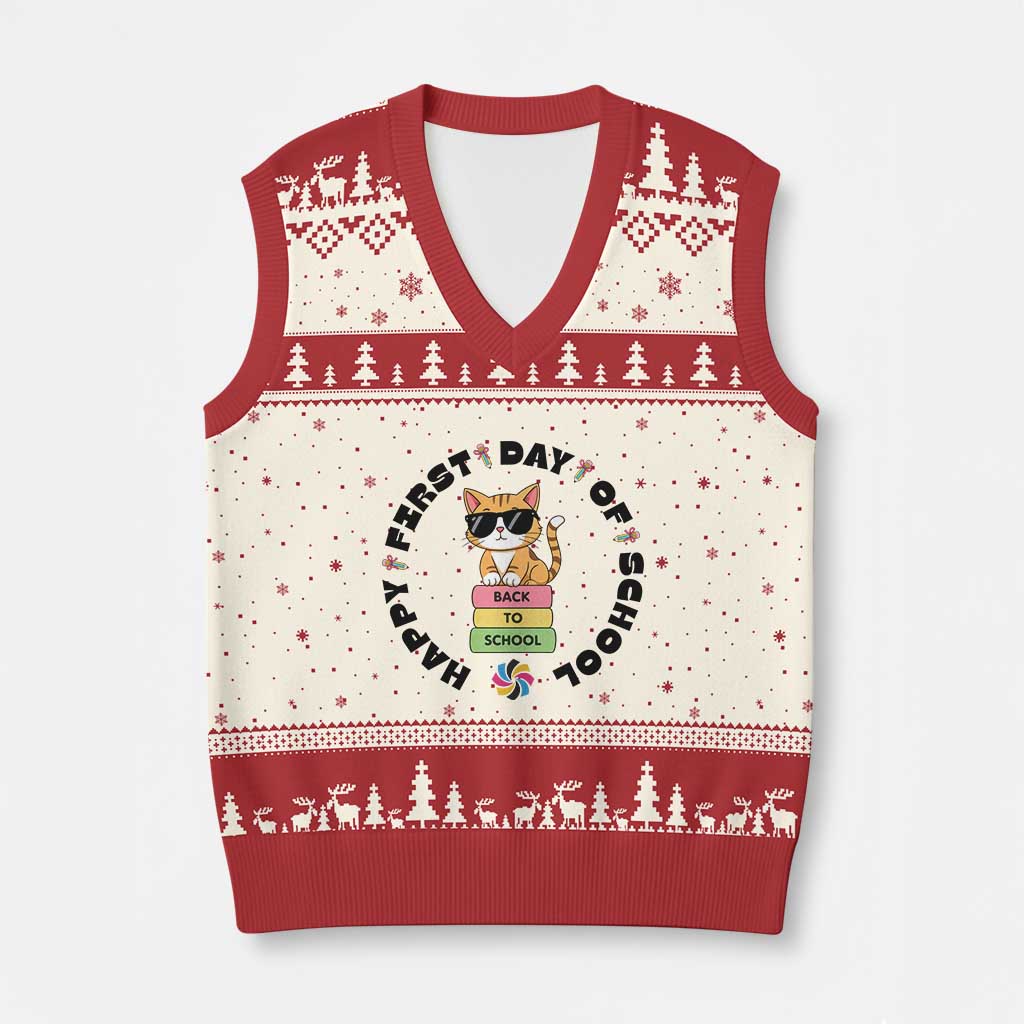 Cat Happy First Day Of School V-Neck Knit Sweater Vest Back To School Gift For Kids TS12 Beige Red Print Your Wear
