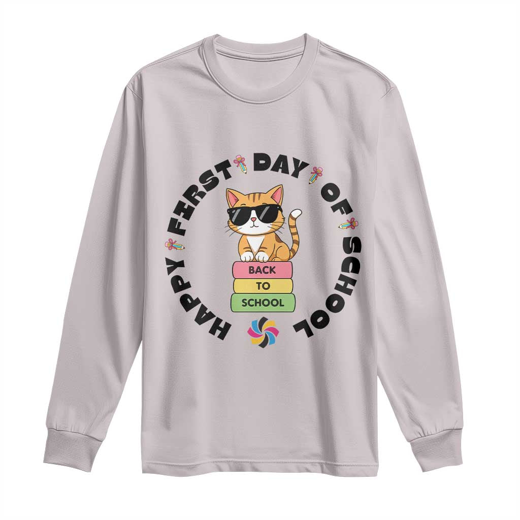 Cat Happy First Day Of School Long Sleeve Shirt Back To School Gift For Kids TS12 Ice Gray Print Your Wear