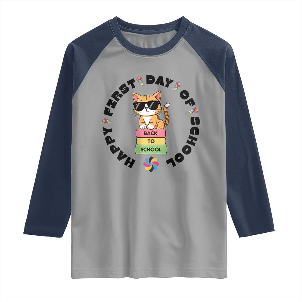 Cat Happy First Day Of School Raglan Shirt Back To School Gift For Kids TS12 Sport Gray Navy Print Your Wear