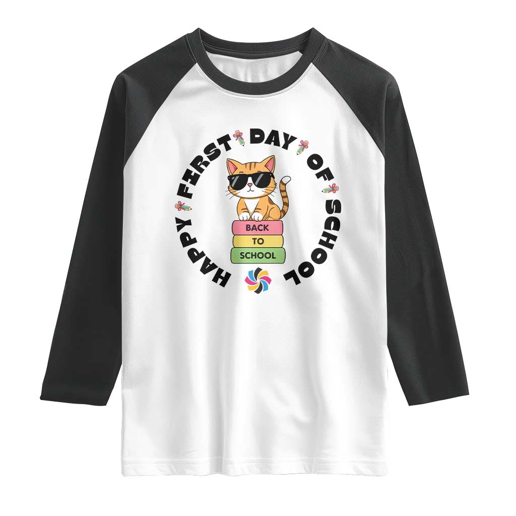 Cat Happy First Day Of School Raglan Shirt Back To School Gift For Kids TS12 White Black Print Your Wear