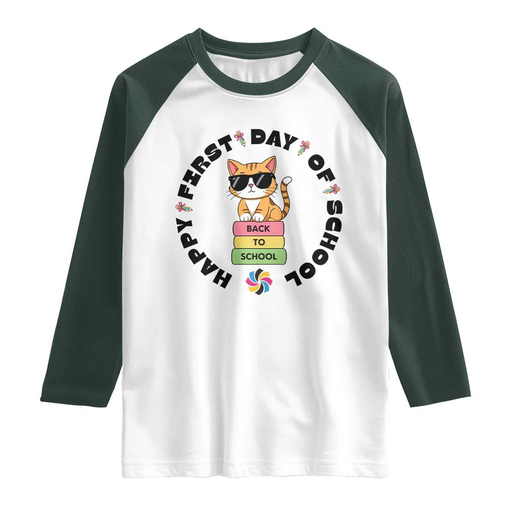 Cat Happy First Day Of School Raglan Shirt Back To School Gift For Kids TS12 White Dark Forest Green Print Your Wear