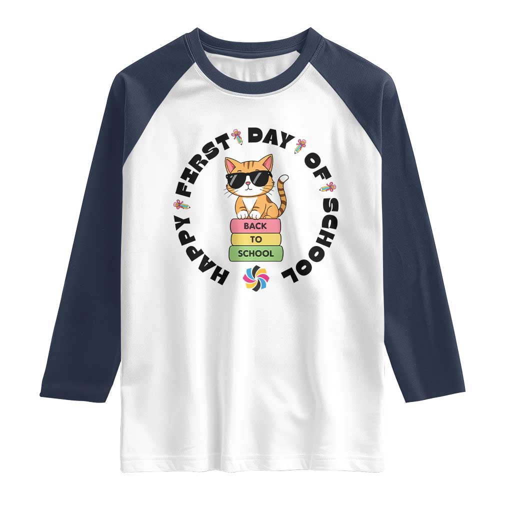 Cat Happy First Day Of School Raglan Shirt Back To School Gift For Kids TS12 White Navy Print Your Wear
