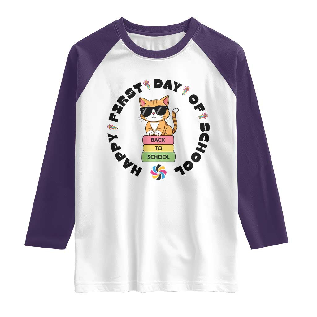 Cat Happy First Day Of School Raglan Shirt Back To School Gift For Kids TS12 White Purple Print Your Wear