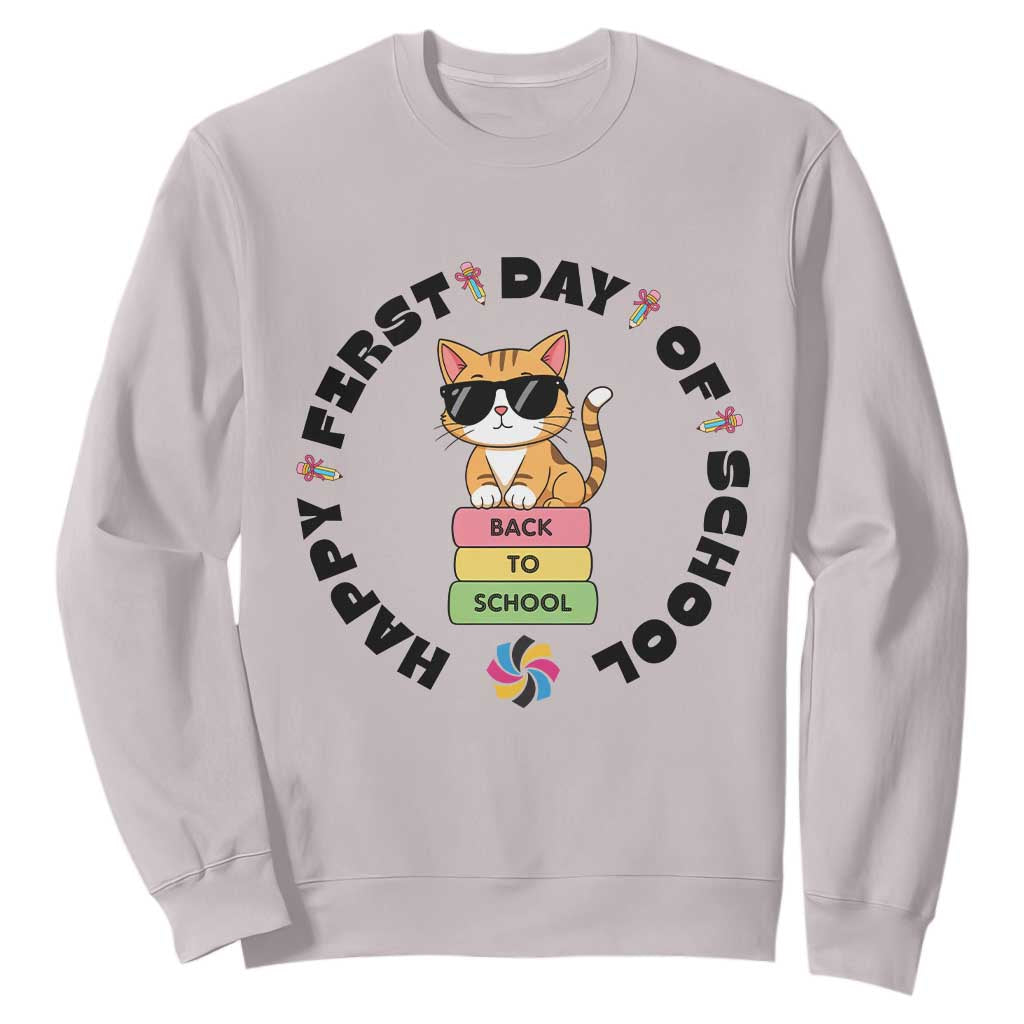 Cat Happy First Day Of School Sweatshirt Back To School Gift For Kids TS12 Ice Gray Print Your Wear