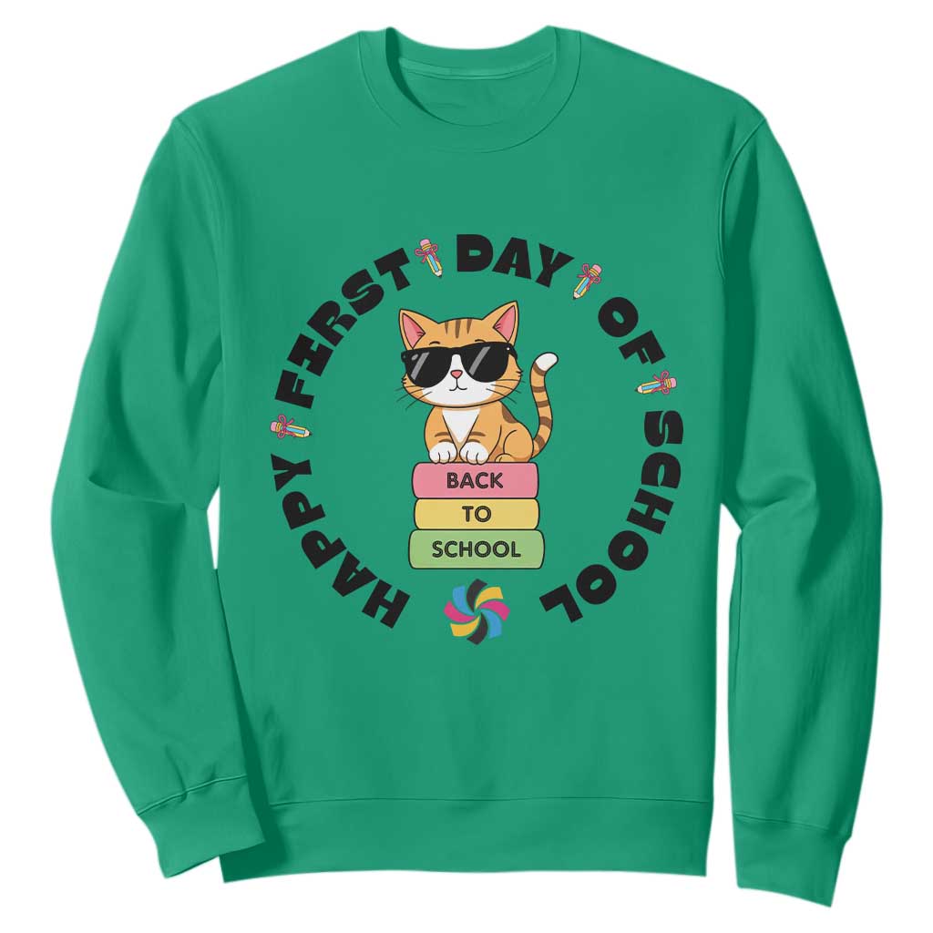 Cat Happy First Day Of School Sweatshirt Back To School Gift For Kids TS12 Irish Green Print Your Wear