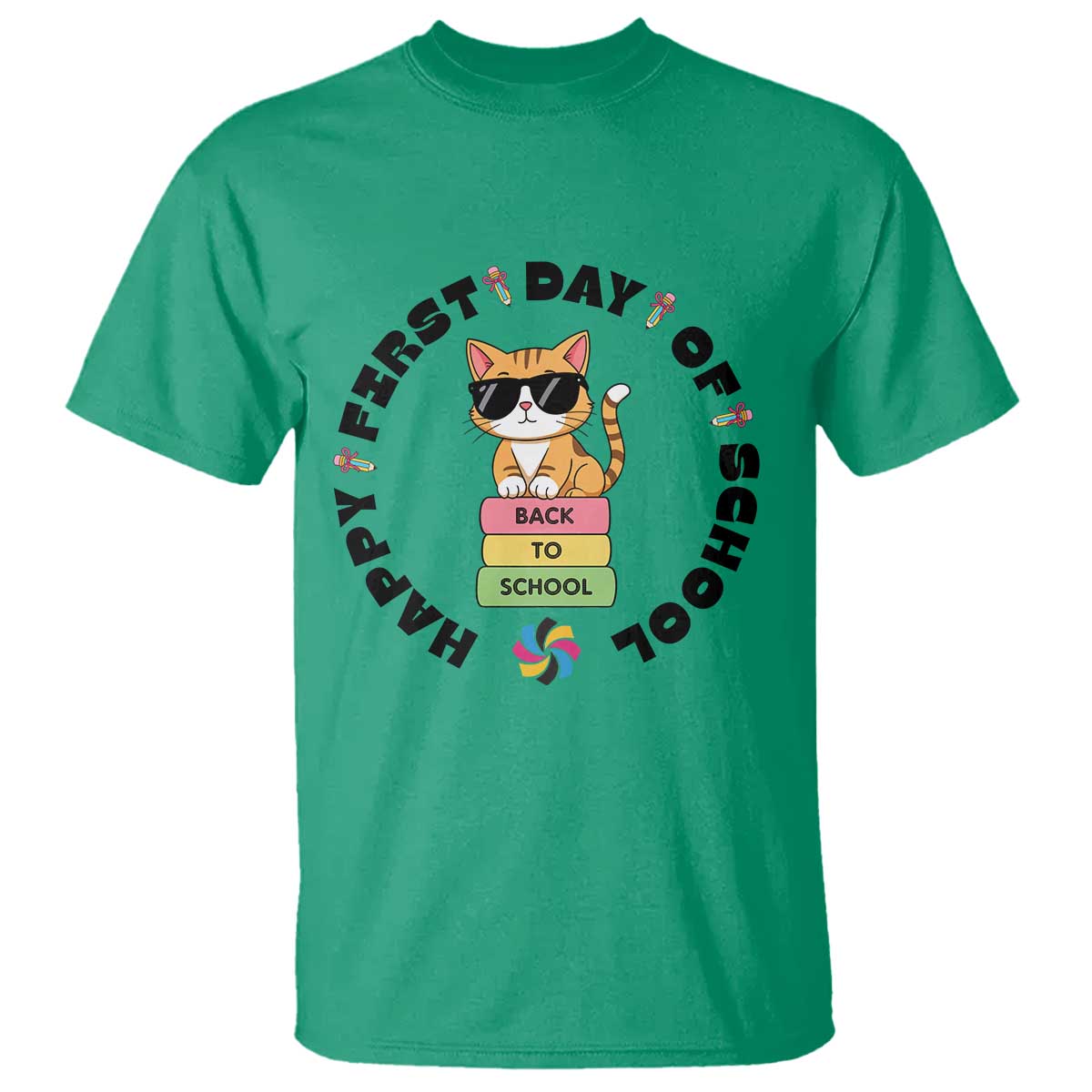Cat Happy First Day Of School T Shirt Back To School Gift For Kids TS12 Irish Green Print Your Wear