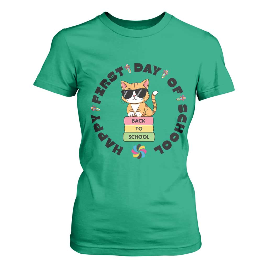 Cat Happy First Day Of School T Shirt For Women Back To School Gift For Kids TS12 Irish Green Print Your Wear