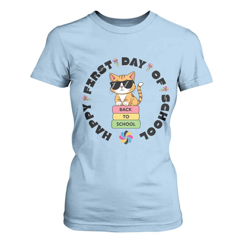 Cat Happy First Day Of School T Shirt For Women Back To School Gift For Kids TS12 Light Blue Print Your Wear