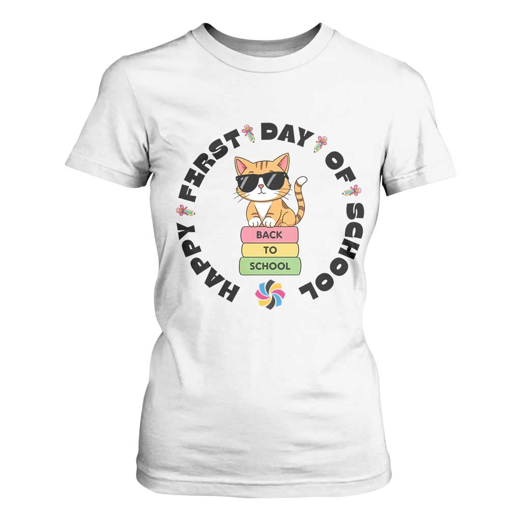 Cat Happy First Day Of School T Shirt For Women Back To School Gift For Kids TS12 White Print Your Wear