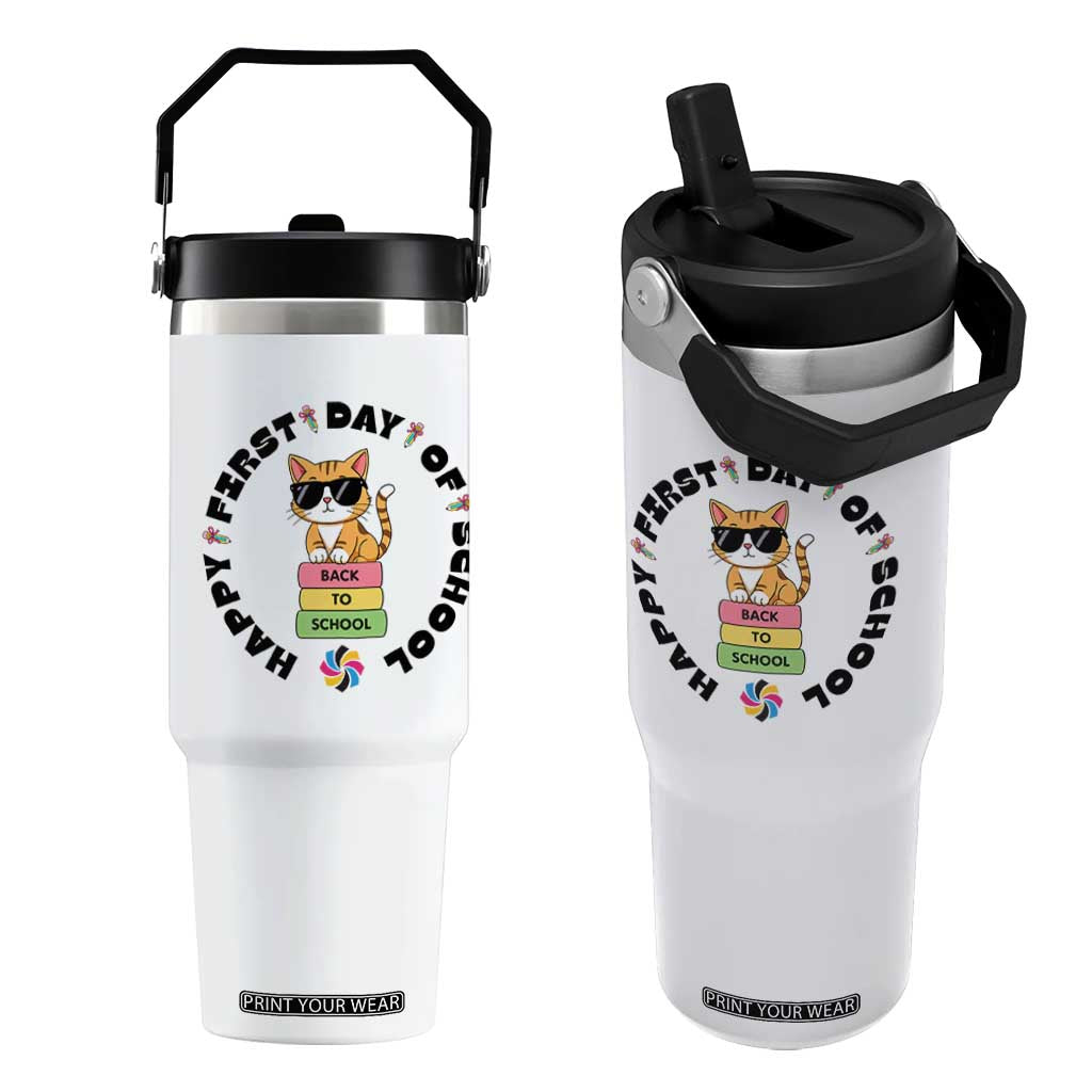 Cat Happy First Day Of School Flip Straw Tumbler Back To School Gift For Kids TS12 One Size: 30 oz White Print Your Wear