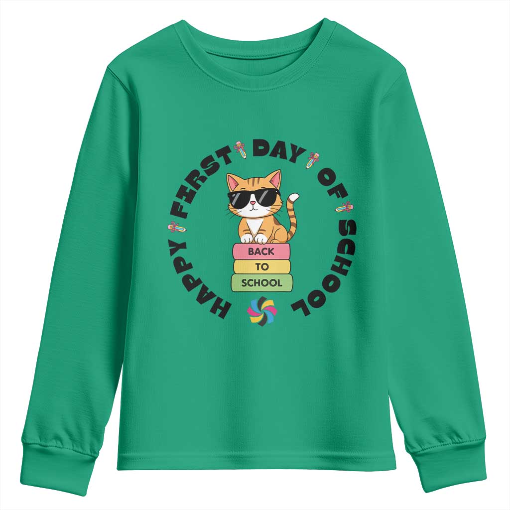 Cat Happy First Day Of School Youth Sweatshirt Back To School Gift For Kids TS12 Irish Green Print Your Wear