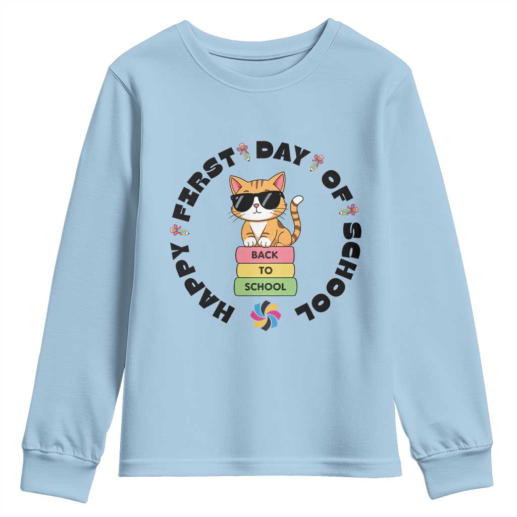 Cat Happy First Day Of School Youth Sweatshirt Back To School Gift For Kids TS12 Light Blue Print Your Wear