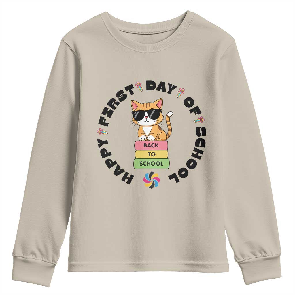 Cat Happy First Day Of School Youth Sweatshirt Back To School Gift For Kids TS12 Sand Print Your Wear