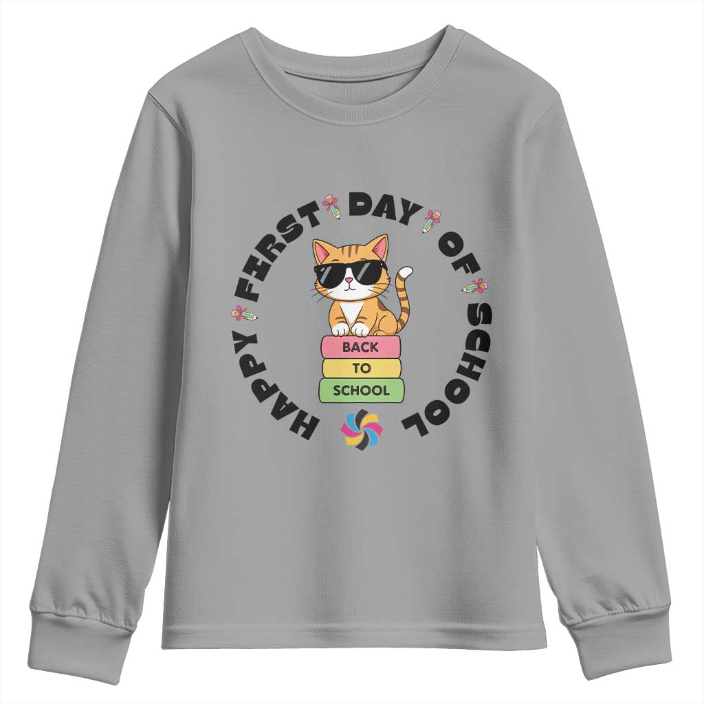 Cat Happy First Day Of School Youth Sweatshirt Back To School Gift For Kids TS12 Sport Gray Print Your Wear