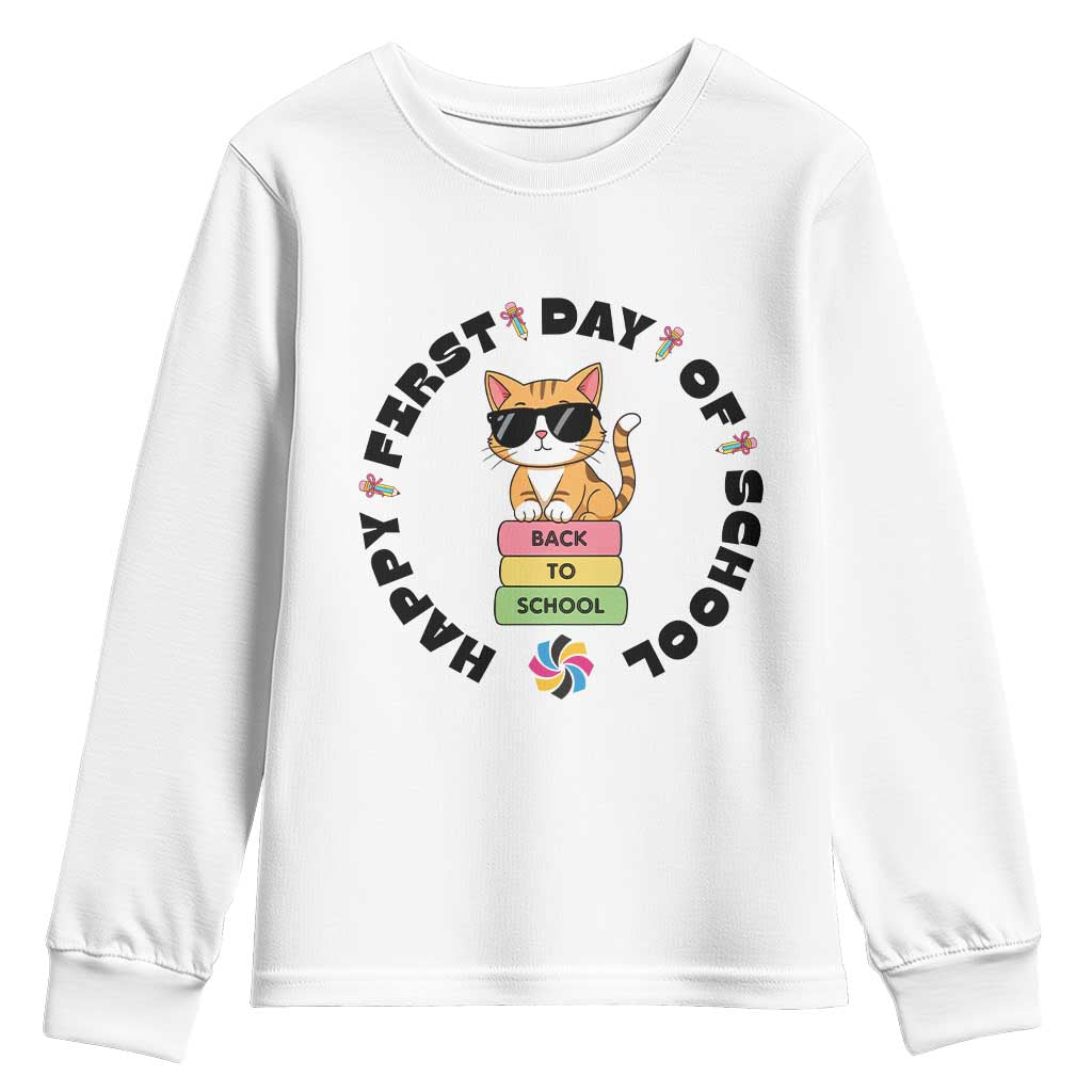 Cat Happy First Day Of School Youth Sweatshirt Back To School Gift For Kids TS12 White Print Your Wear