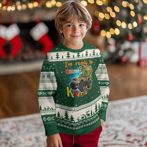 Im Ready To Crush Kindergarten Ugly Christmas Sweater Dinosaur Driving Truck Gift TS12 Forest Green Beige Print Your Wear