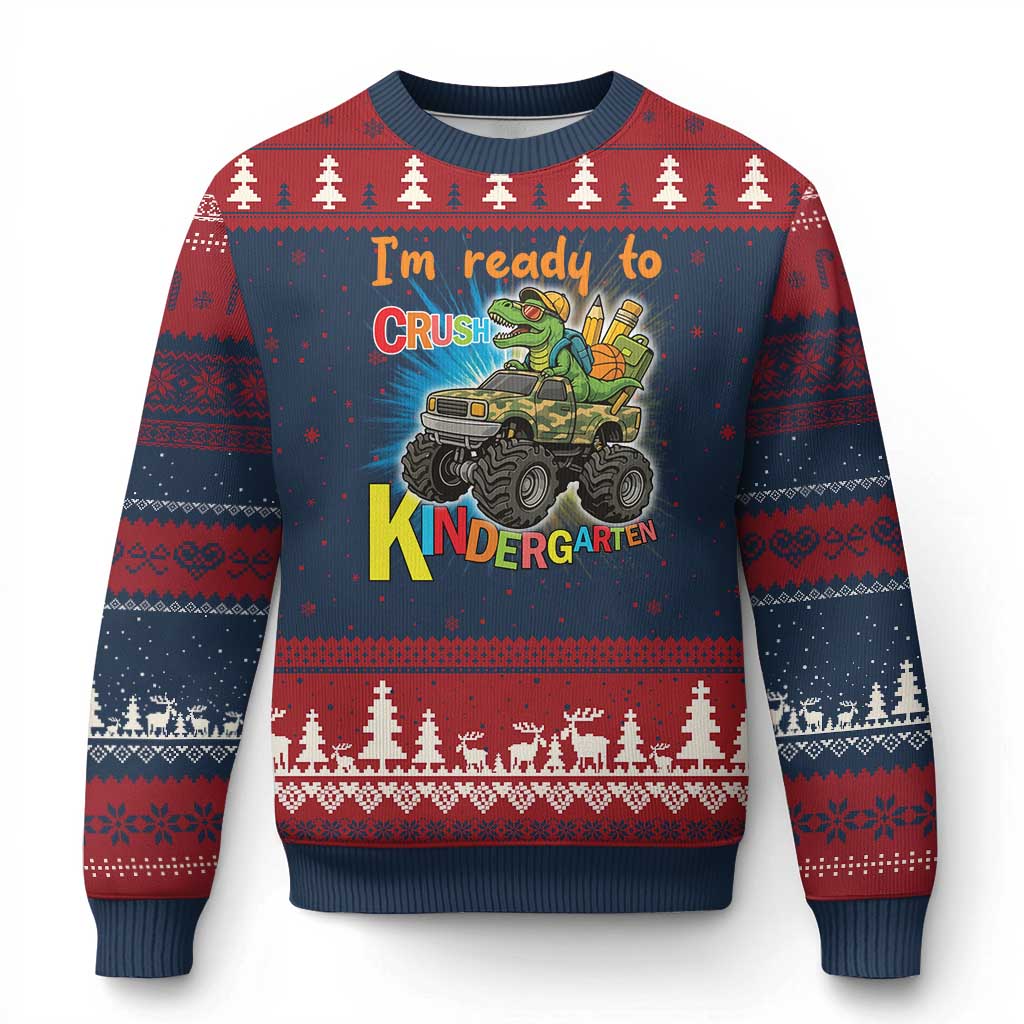 Im Ready To Crush Kindergarten Ugly Christmas Sweater Dinosaur Driving Truck Gift TS12 Navy Red Print Your Wear
