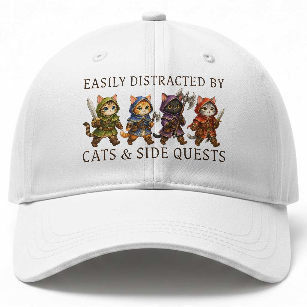 Funny Easily Distracted By Cats And Side Quests Baseball Cap RPG Gamer Cat Lover Gift TS12 Print Your Wear