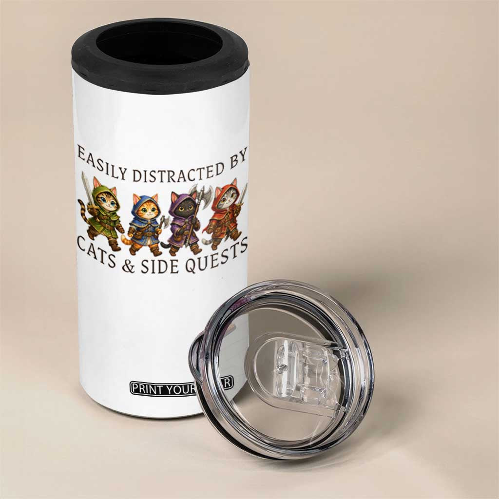 Funny Easily Distracted By Cats And Side Quests 4 in 1 Can Cooler Tumbler RPG Gamer Cat Lover Gift