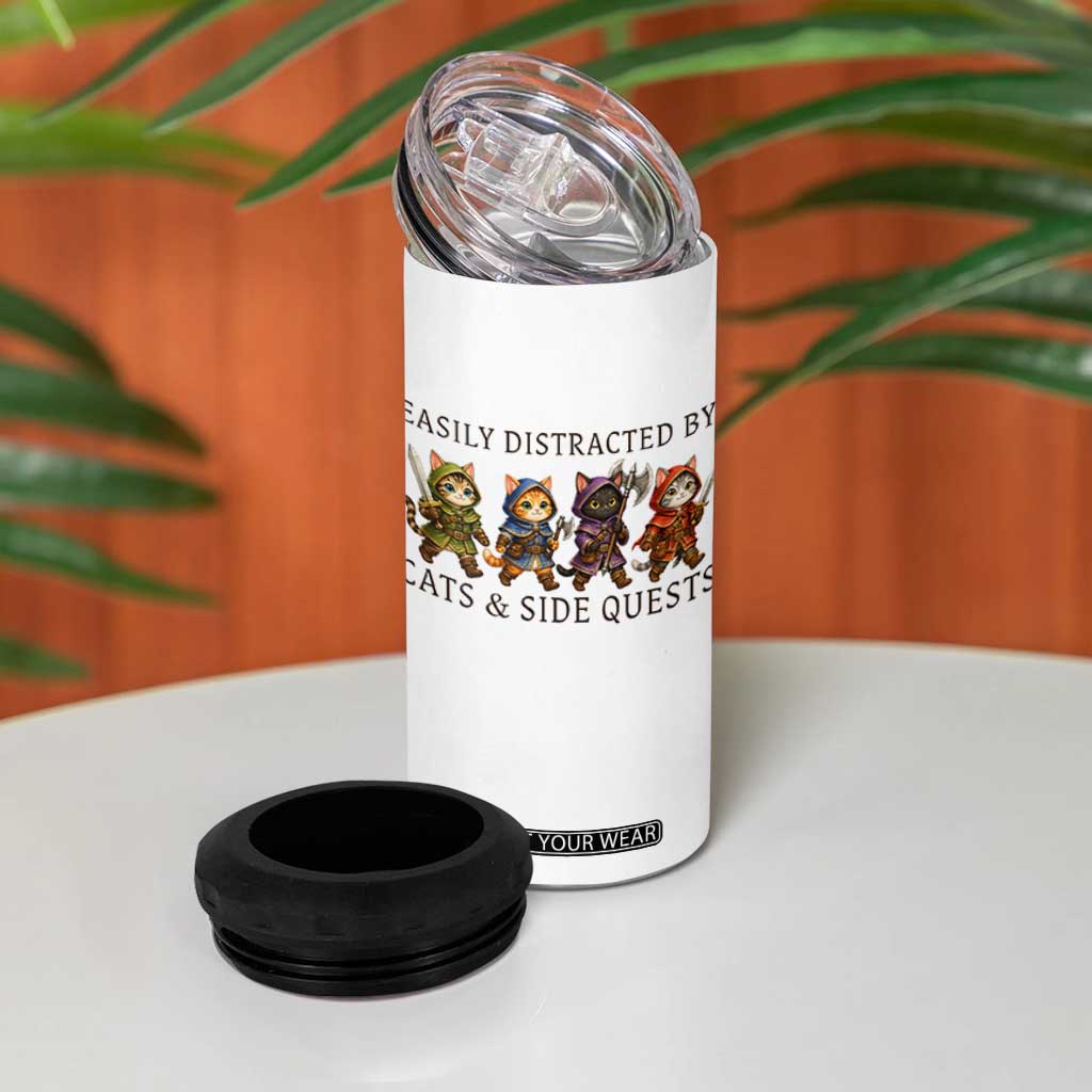 Funny Easily Distracted By Cats And Side Quests 4 in 1 Can Cooler Tumbler RPG Gamer Cat Lover Gift