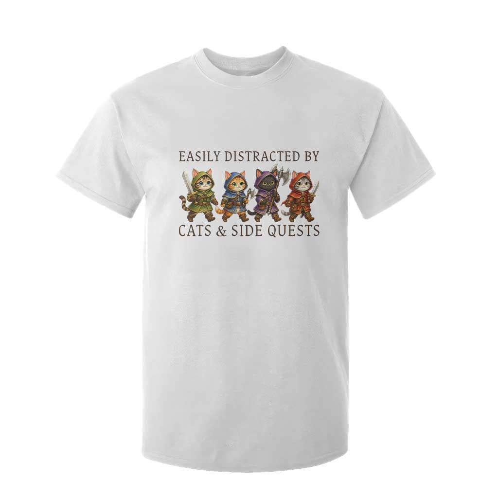 Funny Easily Distracted By Cats And Side Quests T Shirt For Kid RPG Gamer Cat Lover Gift TS12 White Print Your Wear