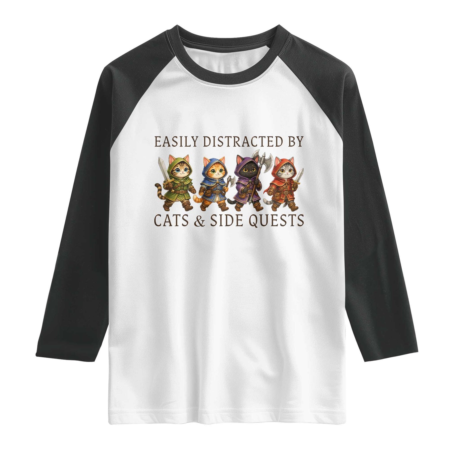 Funny Easily Distracted By Cats And Side Quests Raglan Shirt RPG Gamer Cat Lover Gift TS12 White Black Print Your Wear
