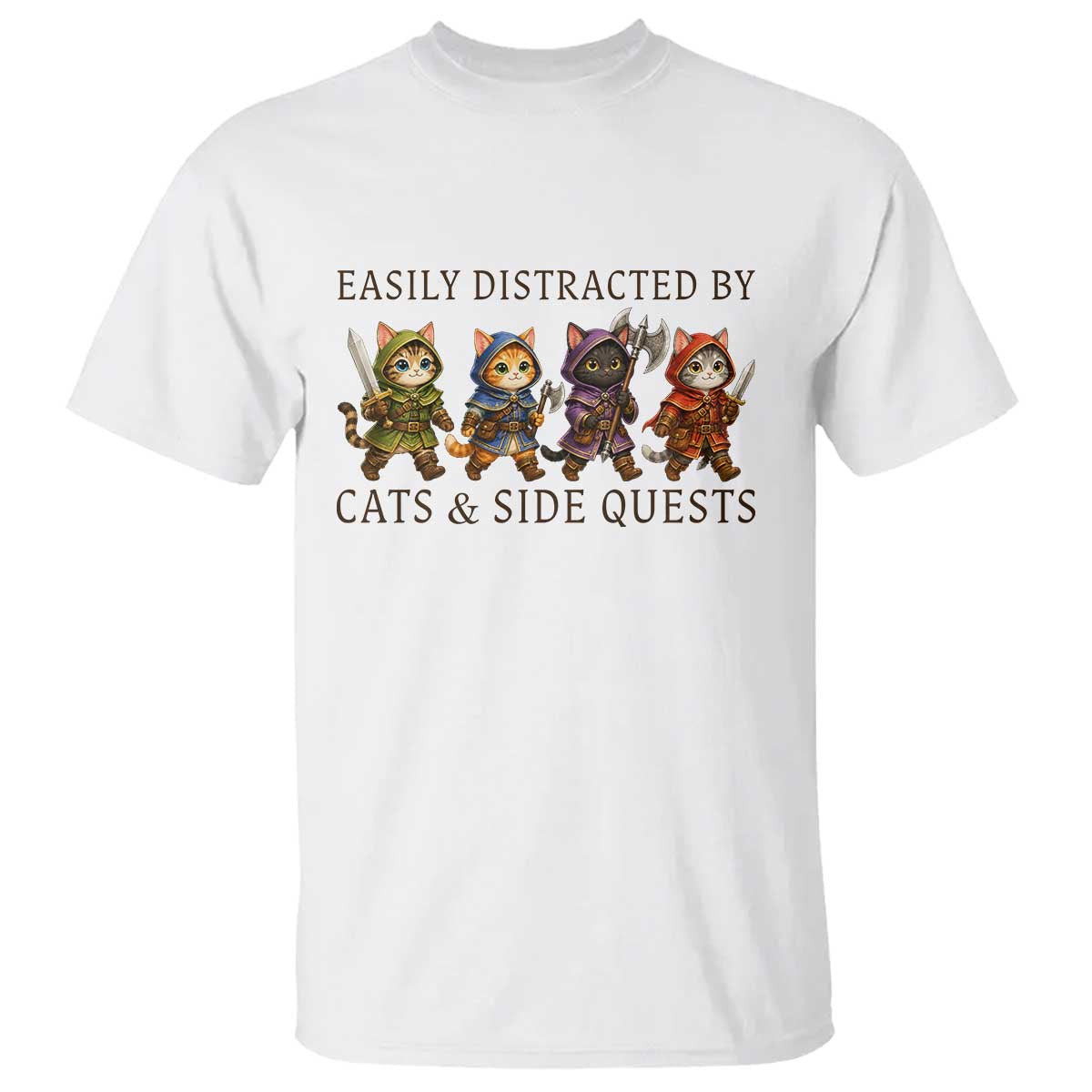 Funny Easily Distracted By Cats And Side Quests T Shirt RPG Gamer Cat Lover Gift TS12 White Print Your Wear