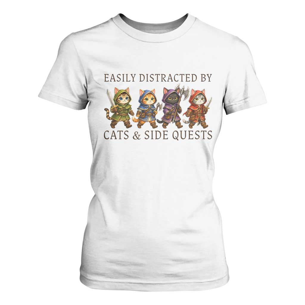 Funny Easily Distracted By Cats And Side Quests T Shirt For Women RPG Gamer Cat Lover Gift TS12 White Print Your Wear
