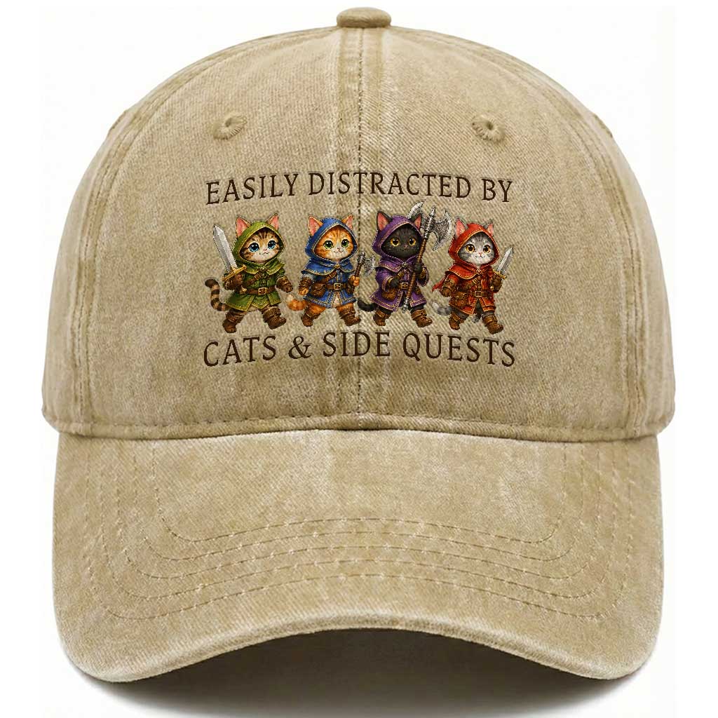 Funny Easily Distracted By Cats And Side Quests Washed Cotton Baseball Cap RPG Gamer Cat Lover Gift TS12 Print Your Wear
