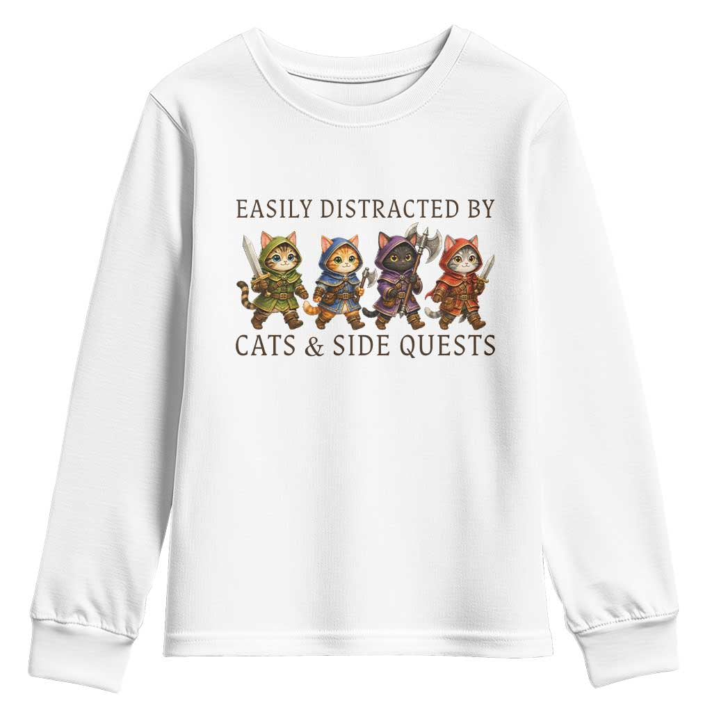 Funny Easily Distracted By Cats And Side Quests Youth Sweatshirt RPG Gamer Cat Lover Gift TS12 White Print Your Wear