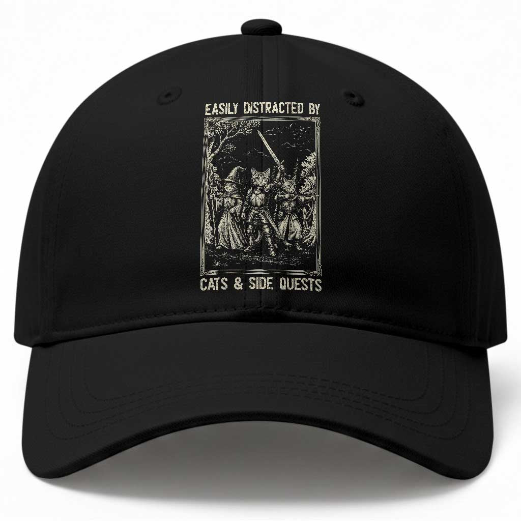 Easily Distracted By Cats And Side Quests Baseball Cap Vintage Gaming Cat Lover Gift TS12 Print Your Wear