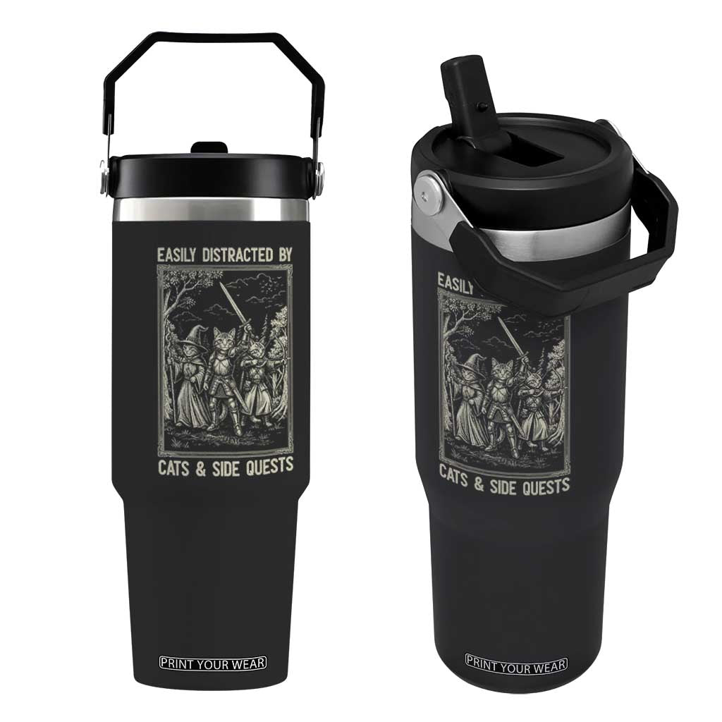 Easily Distracted By Cats And Side Quests Flip Straw Tumbler Vintage Gaming Cat Lover Gift TS12 One Size: 30 oz Black Print Your Wear