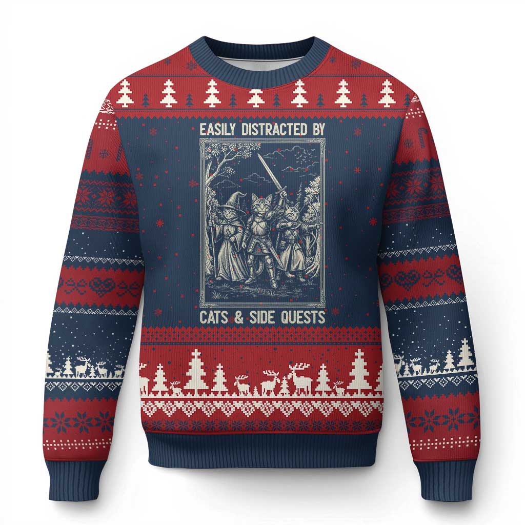Easily Distracted By Cats And Side Quests Ugly Christmas Sweater Vintage Gaming Cat Lover Gift TS12 Navy Red Print Your Wear