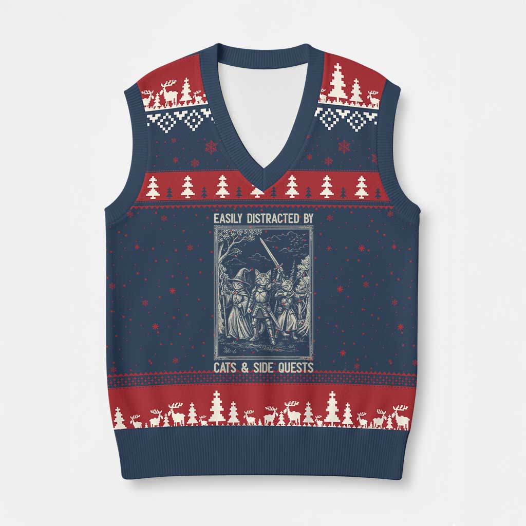 Easily Distracted By Cats And Side Quests V-Neck Knit Sweater Vest Vintage Gaming Cat Lover Gift TS12 Navy Red Print Your Wear