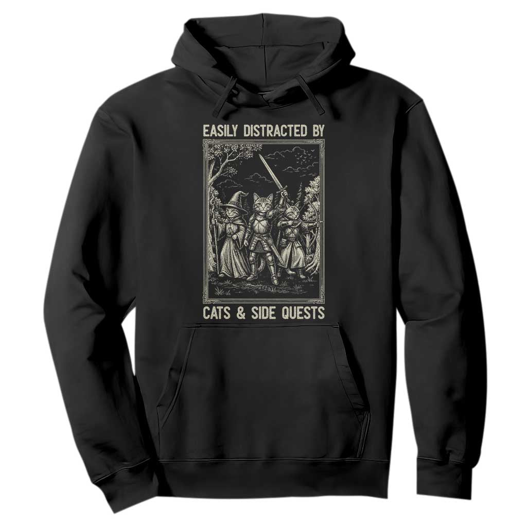 Easily Distracted By Cats And Side Quests Hoodie Vintage Gaming Cat Lover Gift TS12 Black Print Your Wear