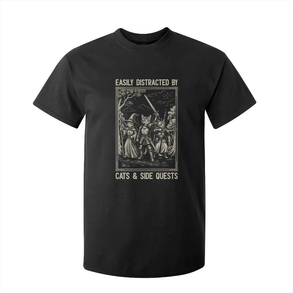 Easily Distracted By Cats And Side Quests T Shirt For Kid Vintage Gaming Cat Lover Gift TS12 Black Print Your Wear