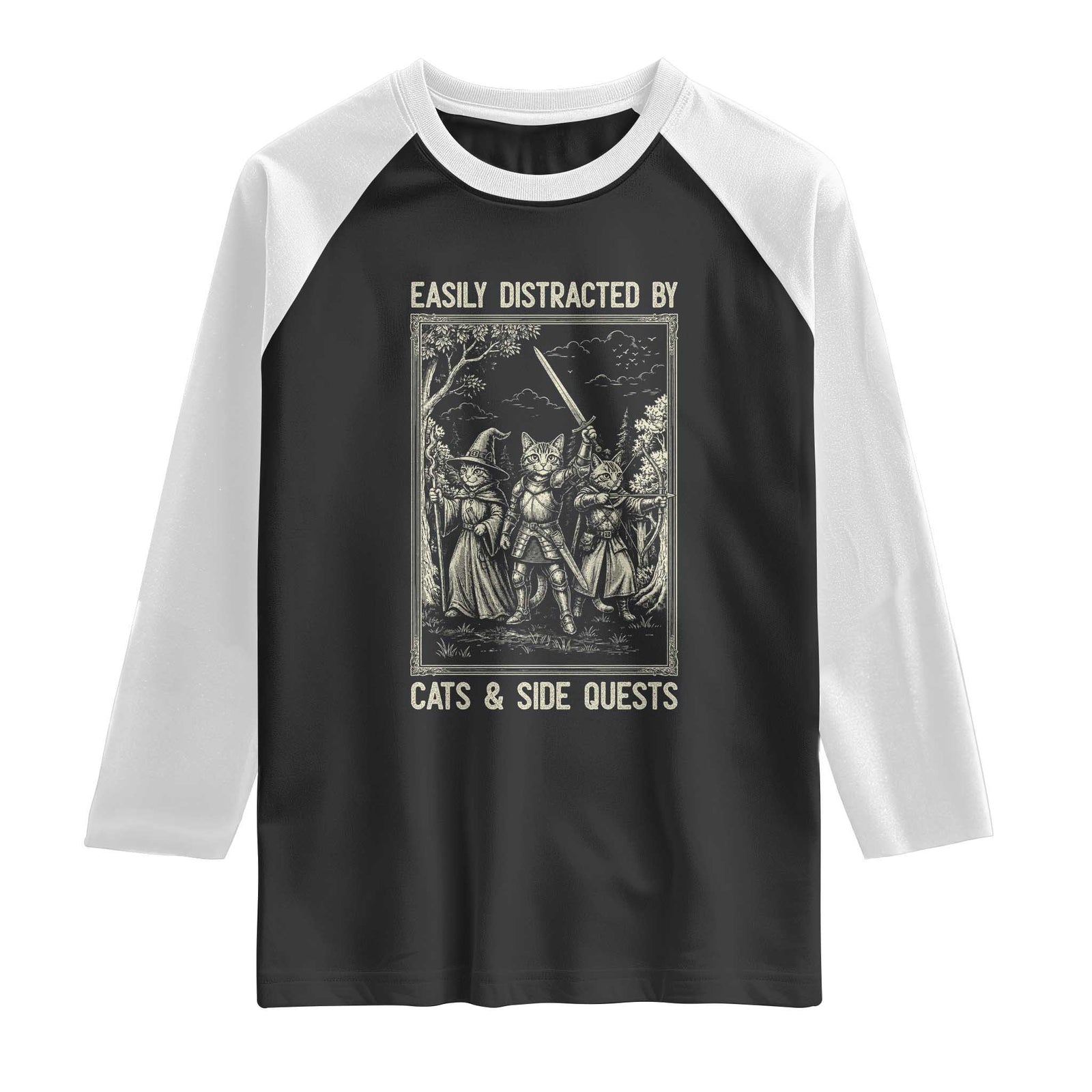 Easily Distracted By Cats And Side Quests Raglan Shirt Vintage Gaming Cat Lover Gift TS12 Black White Print Your Wear