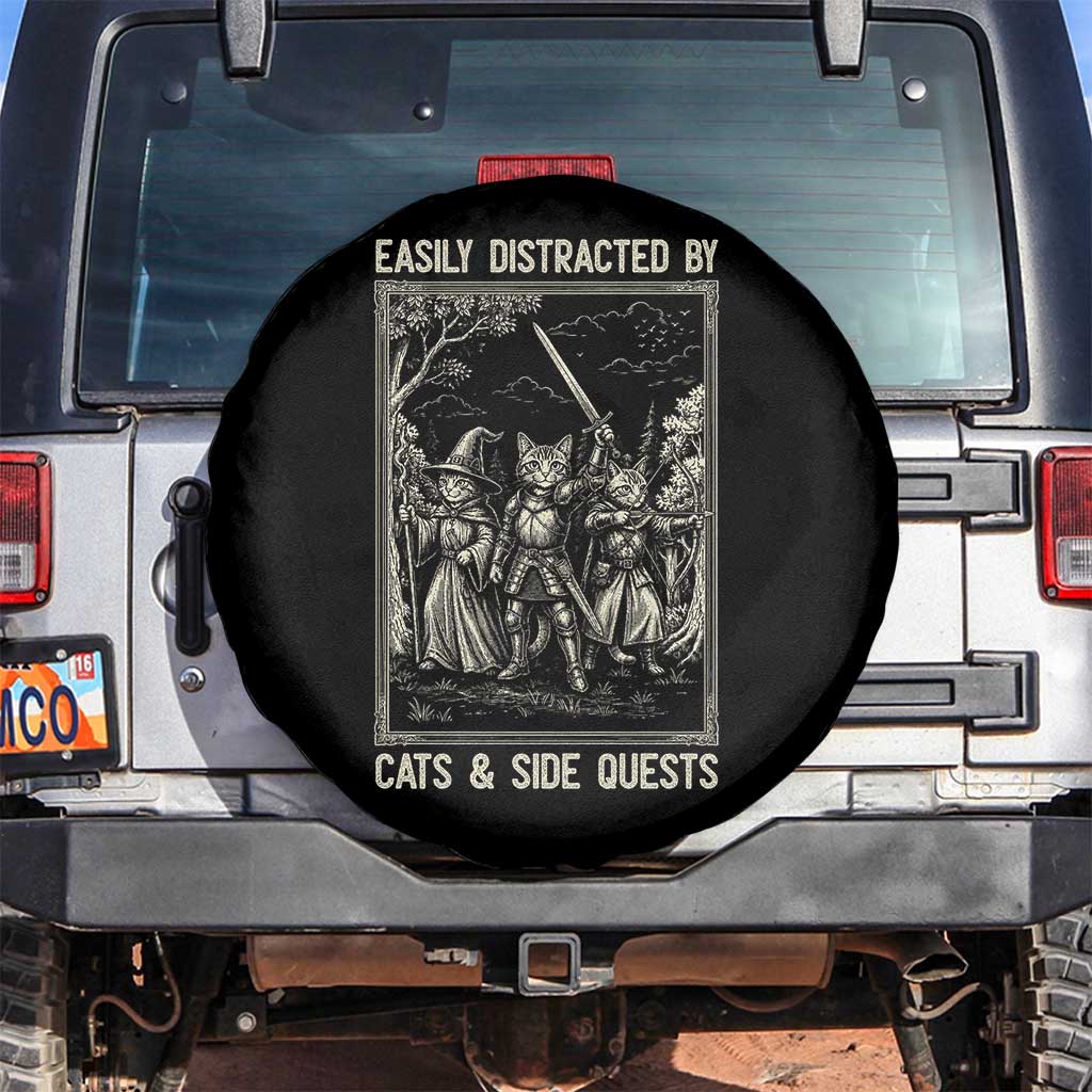 Easily Distracted By Cats And Side Quests Spare Tire Cover Vintage Gaming Cat Lover Gift TS12 No hole Black Print Your Wear