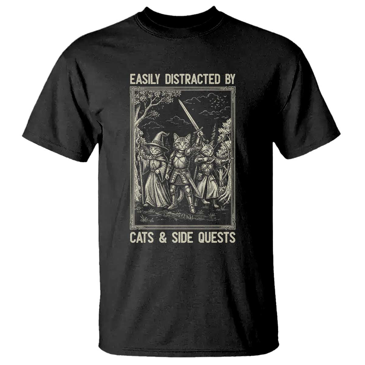 Easily Distracted By Cats And Side Quests T Shirt Vintage Gaming Cat Lover Gift TS12 Black Print Your Wear
