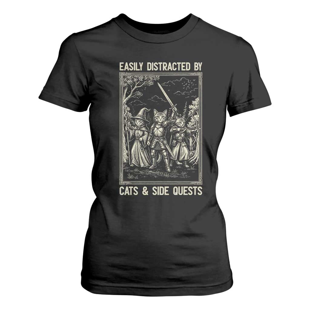 Easily Distracted By Cats And Side Quests T Shirt For Women Vintage Gaming Cat Lover Gift TS12 Black Print Your Wear