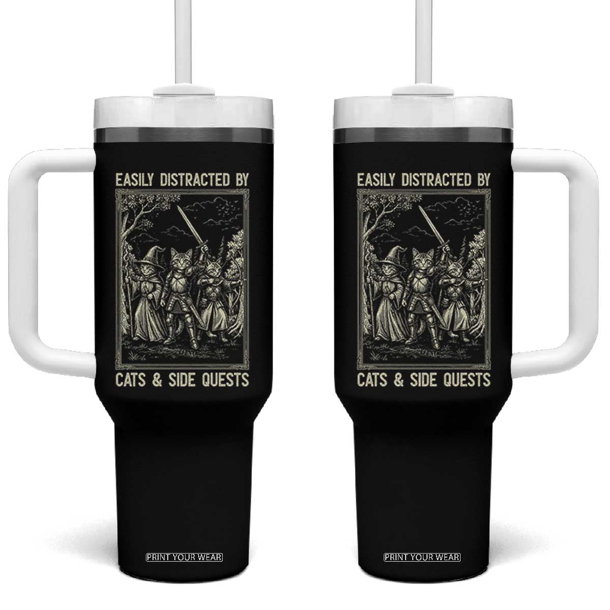 Easily Distracted By Cats And Side Quests Tumbler With Handle Vintage Gaming Cat Lover Gift TS12 One Size: 40 oz Black Print Your Wear