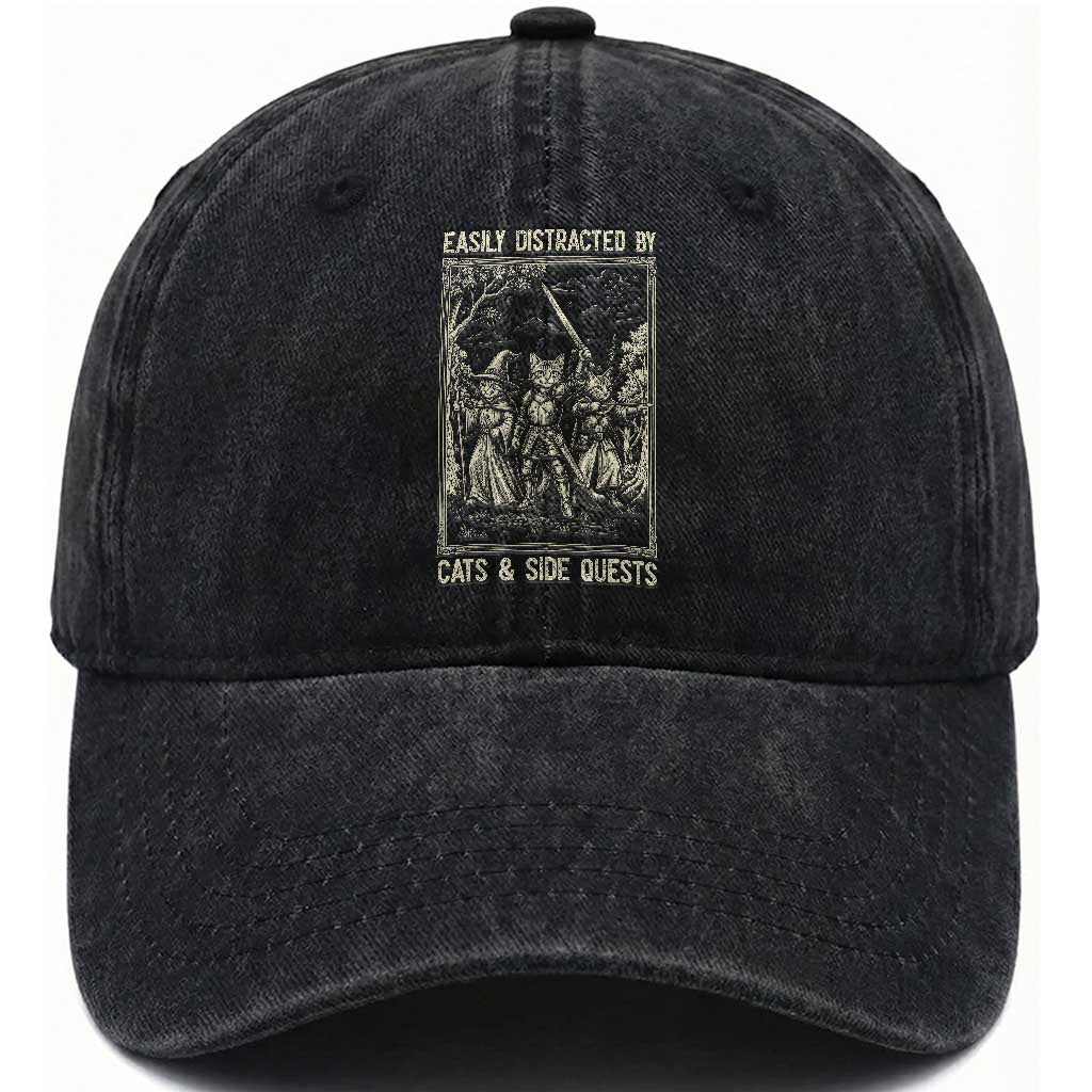 Easily Distracted By Cats And Side Quests Washed Cotton Baseball Cap Vintage Gaming Cat Lover Gift TS12 Print Your Wear