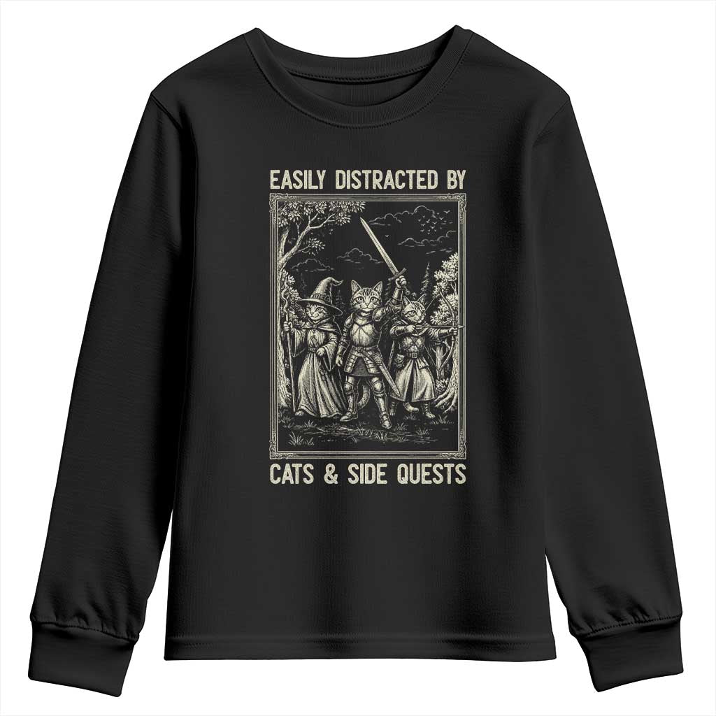 Easily Distracted By Cats And Side Quests Youth Sweatshirt Vintage Gaming Cat Lover Gift TS12 Black Print Your Wear