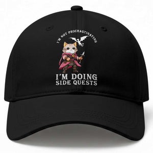 Im Not Procrastinating Im Doing Side Quests Baseball Cap Funny RPG Gamer Cat Lover Gift