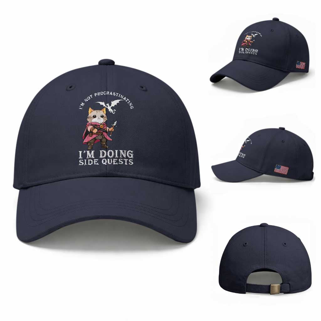 Im Not Procrastinating Im Doing Side Quests Baseball Cap Funny RPG Gamer Cat Lover Gift