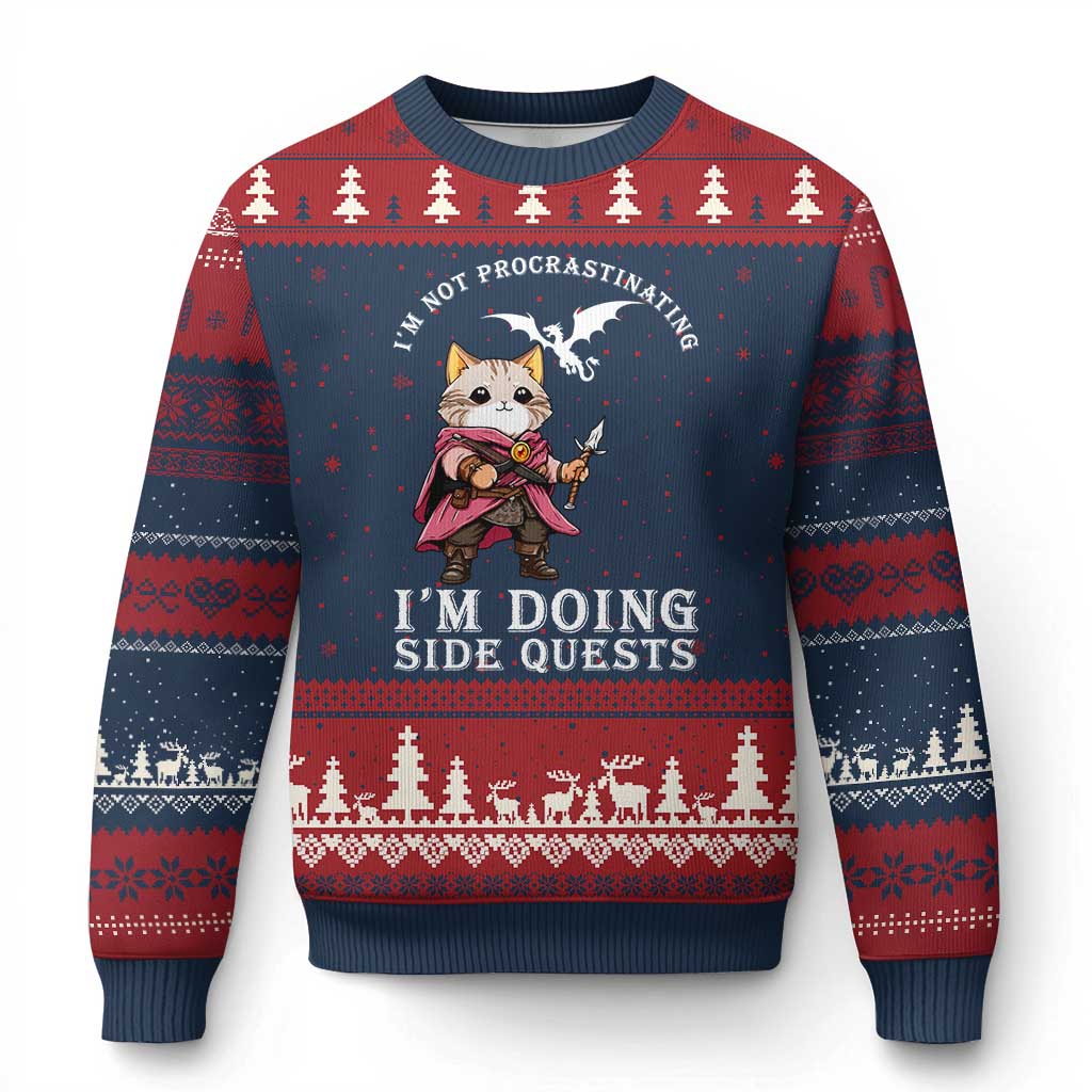 Im Not Procrastinating Im Doing Side Quests Ugly Christmas Sweater Funny RPG Gamer Cat Lover Gift TS12 Navy Red Print Your Wear