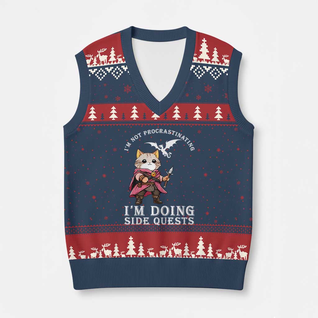 Im Not Procrastinating Im Doing Side Quests V-Neck Knit Sweater Vest Funny RPG Gamer Cat Lover Gift TS12 Navy Red Print Your Wear