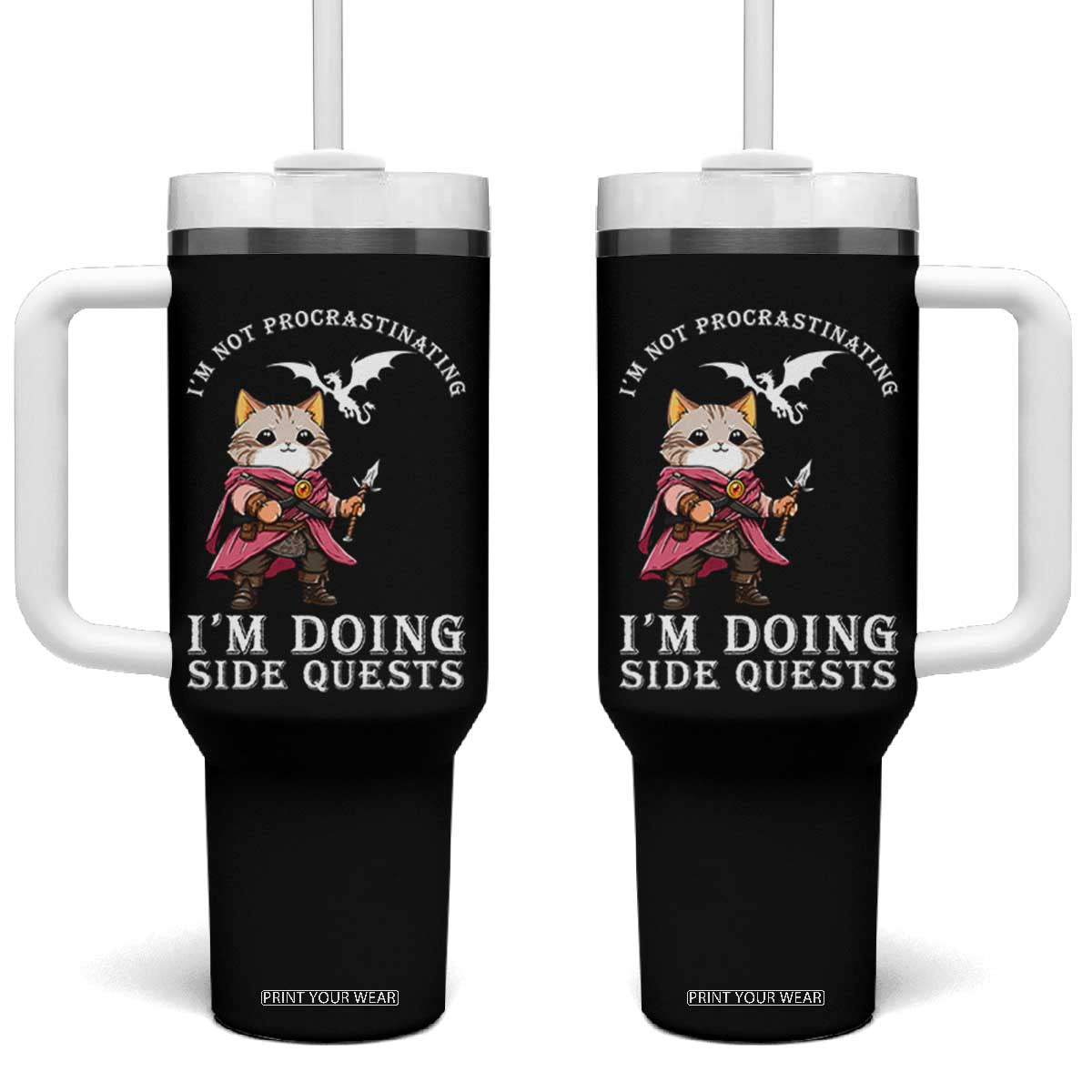 Im Not Procrastinating Im Doing Side Quests Tumbler With Handle Funny RPG Gamer Cat Lover Gift TS12 One Size: 40 oz Black Print Your Wear