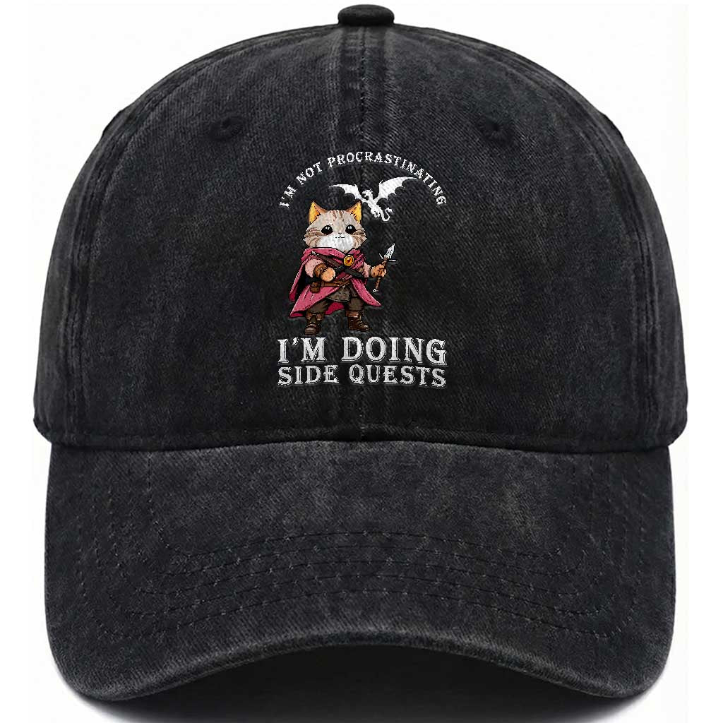 Im Not Procrastinating Im Doing Side Quests Washed Cotton Baseball Cap Funny RPG Gamer Cat Lover Gift TS12 Print Your Wear