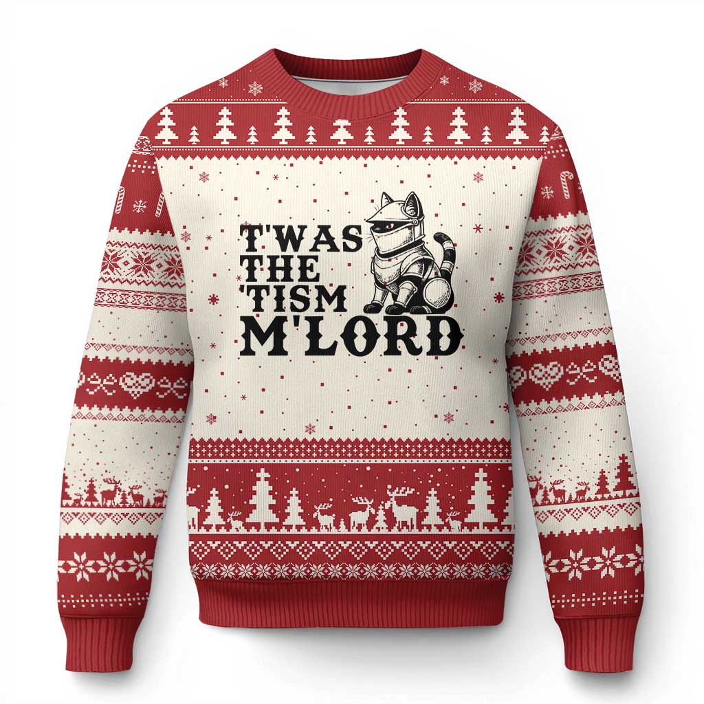 Twas The Tism Funny Medieval Knight Cat Ugly Christmas Sweater Armor Meme Fantasy Gift TS12 Beige Red Print Your Wear